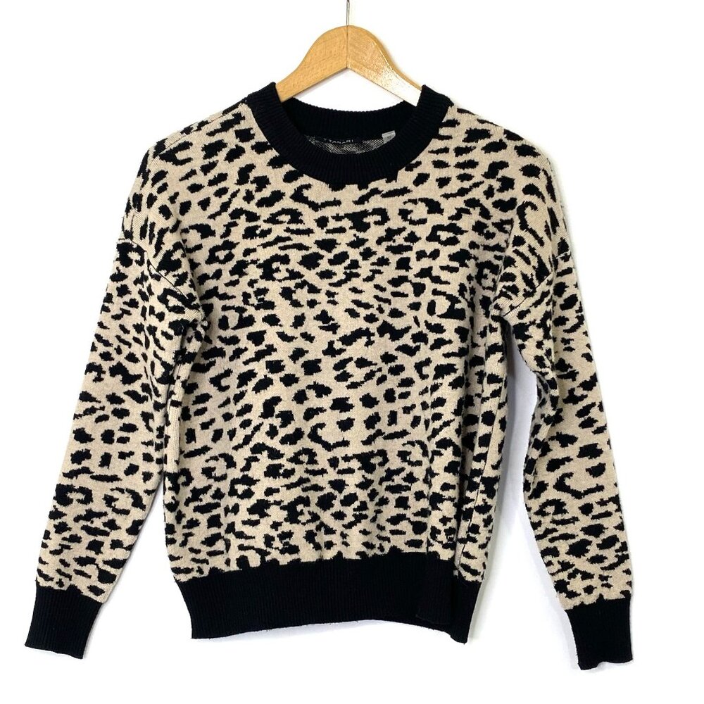 T Tahari Leopard Pullover Stretch Knit Long Sleeve Top Womens XS Beige Black